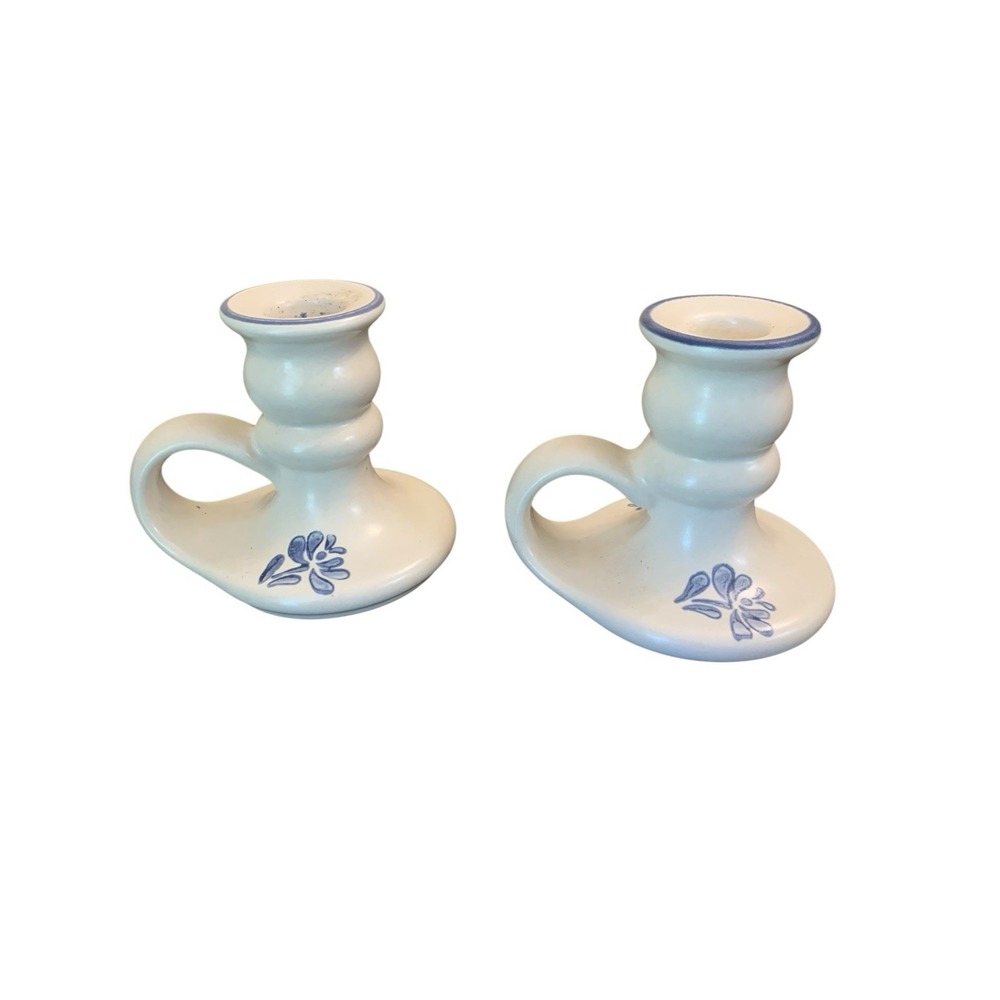 Vintage Pfaltzgraff Yorktowne Stoneware Chamberstick Candle Holders Beige Blue